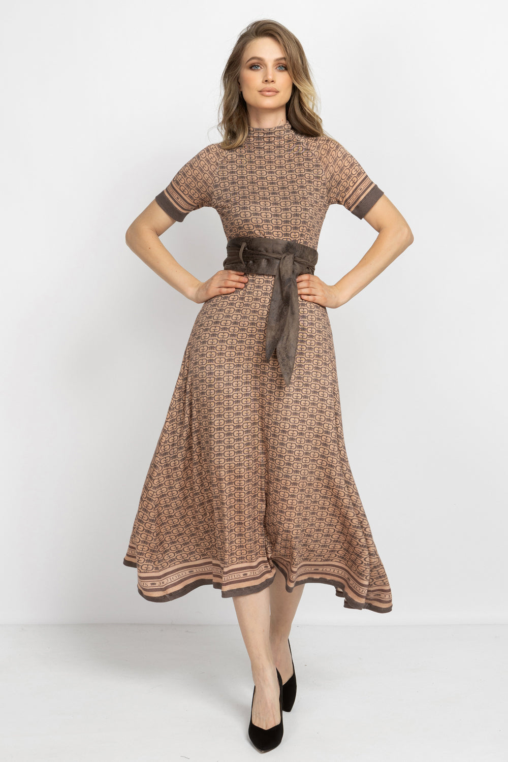 MODAL HIGH-NECK MIDI DRESS - MOCHA MOUSSE LOGO
