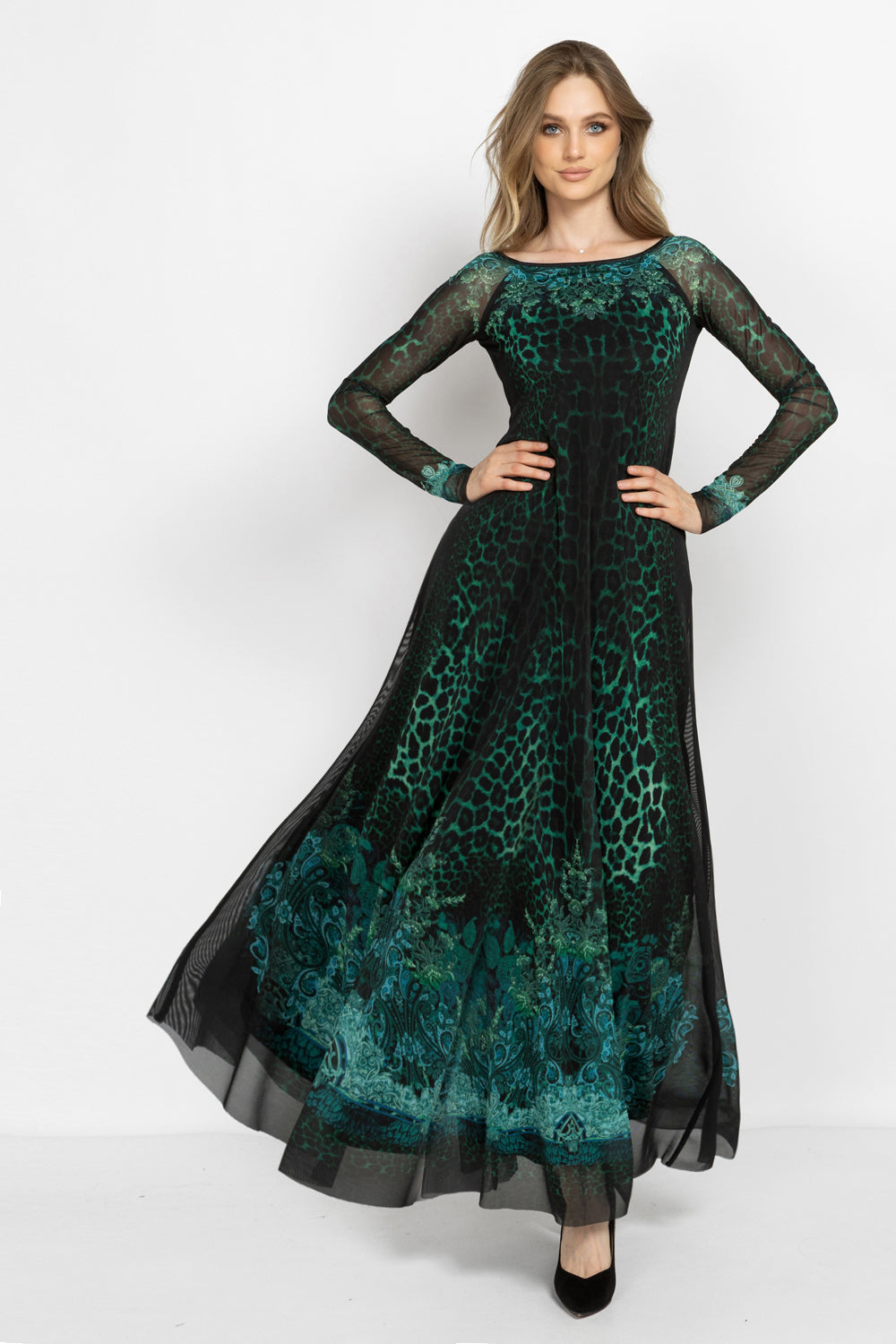 LONG FINE NET DRESS WITH BOAT NECKLINE - LEO NEON GREEN