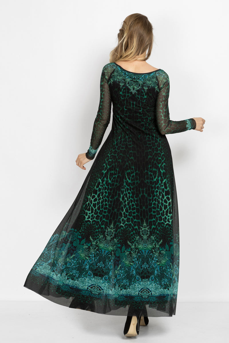 LONG FINE NET DRESS WITH BOAT NECKLINE - LEO NEON GREEN