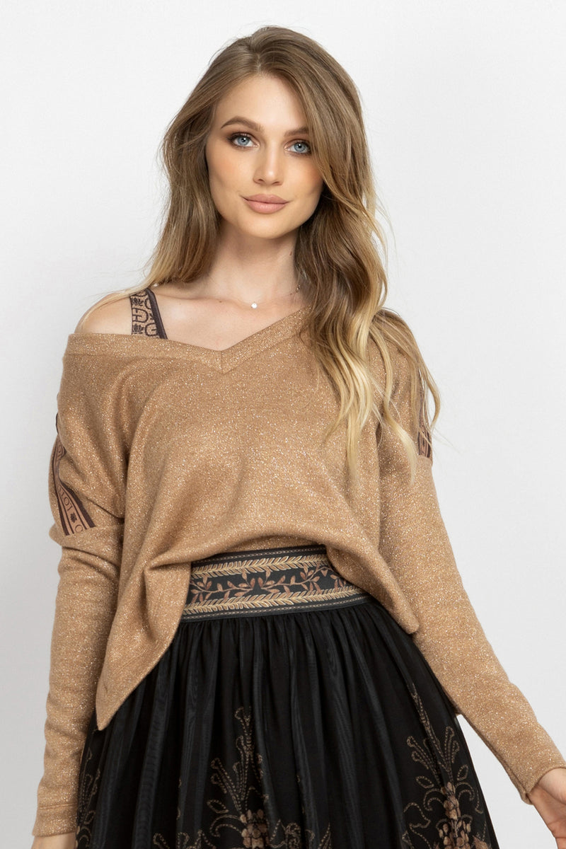 GOLD LUREX V-NECK TOP - ESSENTIALS JIORO СВОБОДЕН ТОП ОТ ЗЛАТИСТ ЛУРЕКС С V-ДЕКОЛТЕ - ESSENTIALS JIORO