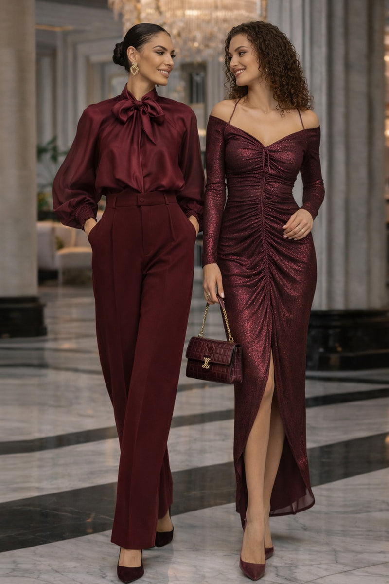 BOHEMIAN BURGUNDY BLOUSE WITH PUFF SLEEVES AND TIE-FRONT COLLAR - ESSENTIALS JIORO БОХЕМСКА РИЗА С БУФАН РЪКАВИ И ЯКА С ВРЪЗКИ В БУРГУНДИ - ESSENTIALS JIORO