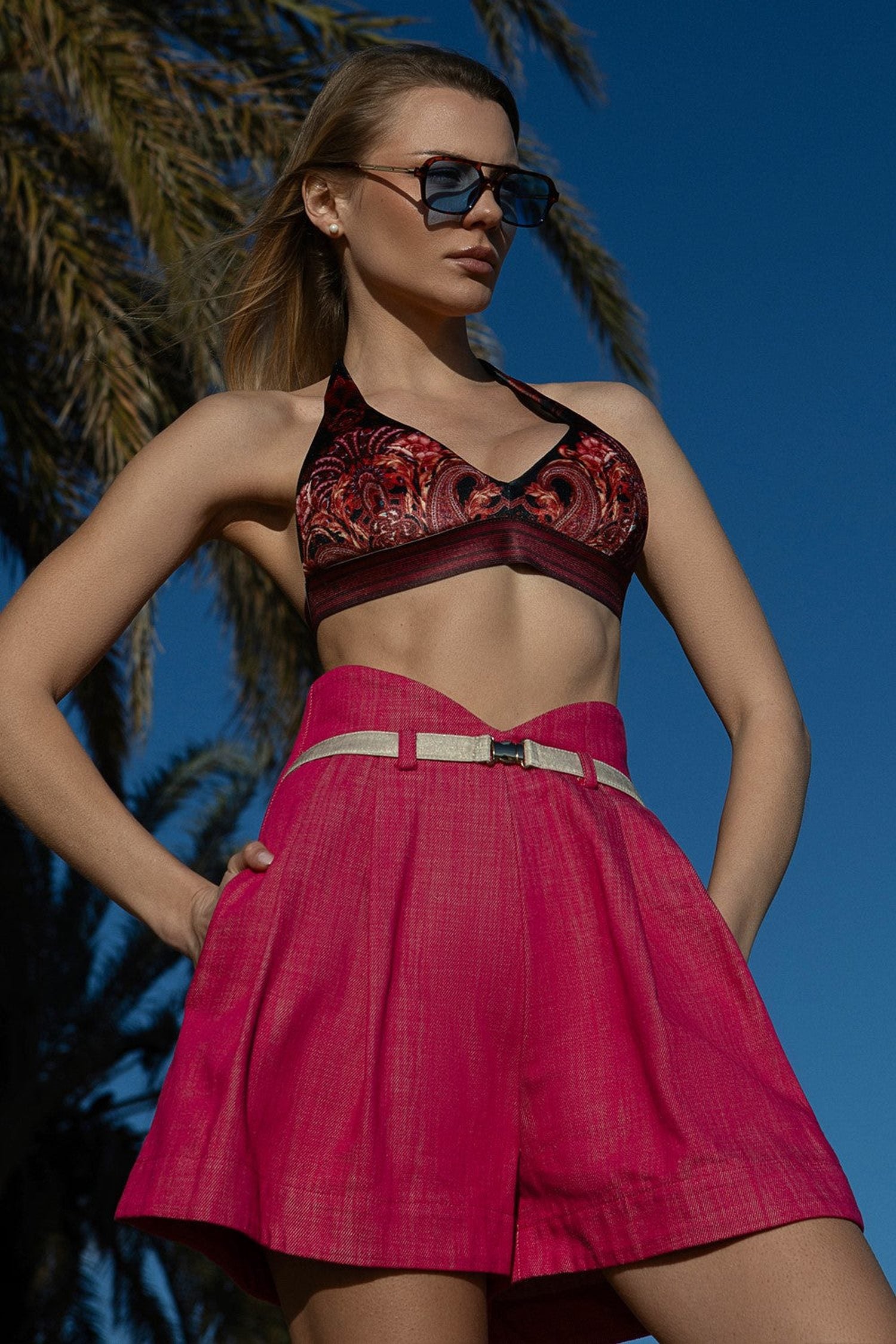 HIGH WAIST RASPBERRY DENIM BERMUDA - ESSENTIALS