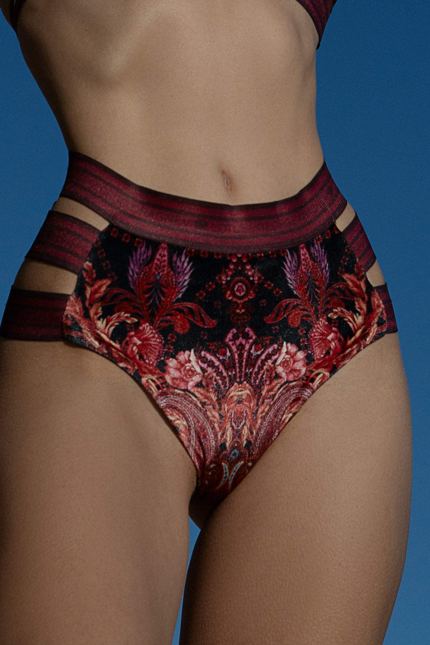 HIGH-WAISTED VELVET BIKINI BOTTOMS - PAISLEY DARK