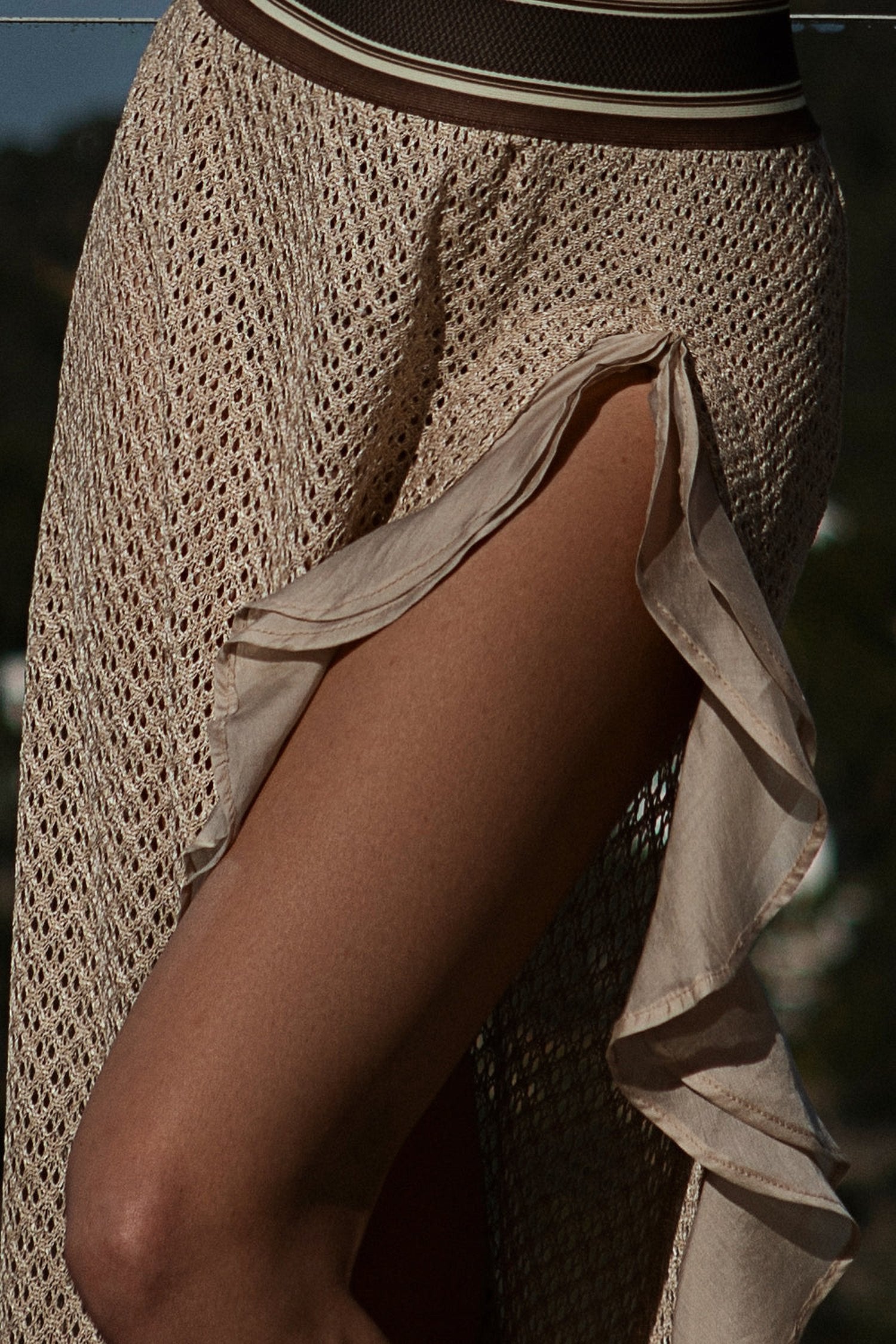 LONG COTTON MESH SKIRT WITH RUFFLES IN BEIGE – ESSENTIALS
