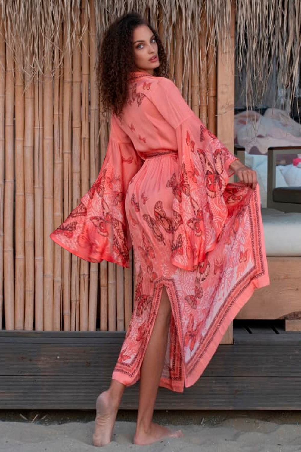 VISCOSE KIMONO WITH DRAPED BACK AND SHAWL COLLAR - PAPAYA BUTTERFLIES