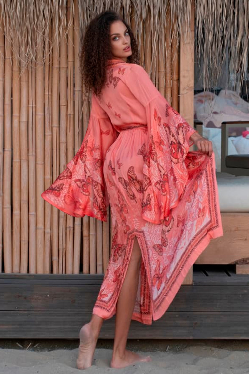 VISCOSE KIMONO WITH DRAPED BACK AND SHAWL COLLAR - PAPAYA BUTTERFLIES