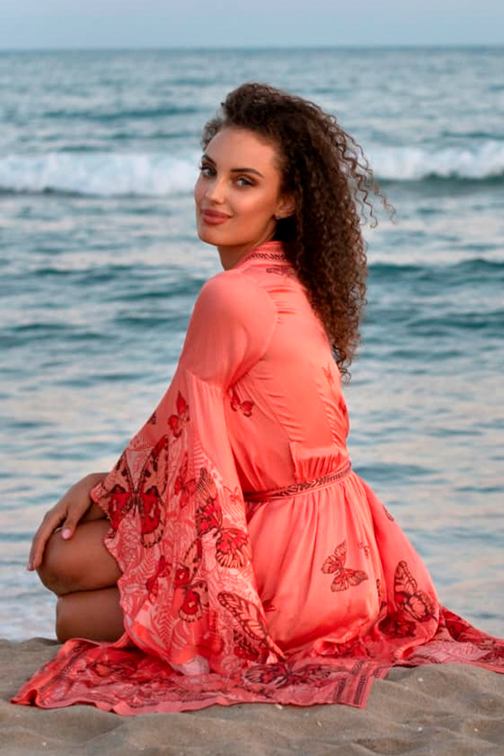 VISCOSE KIMONO WITH DRAPED BACK AND SHAWL COLLAR - PAPAYA BUTTERFLIES