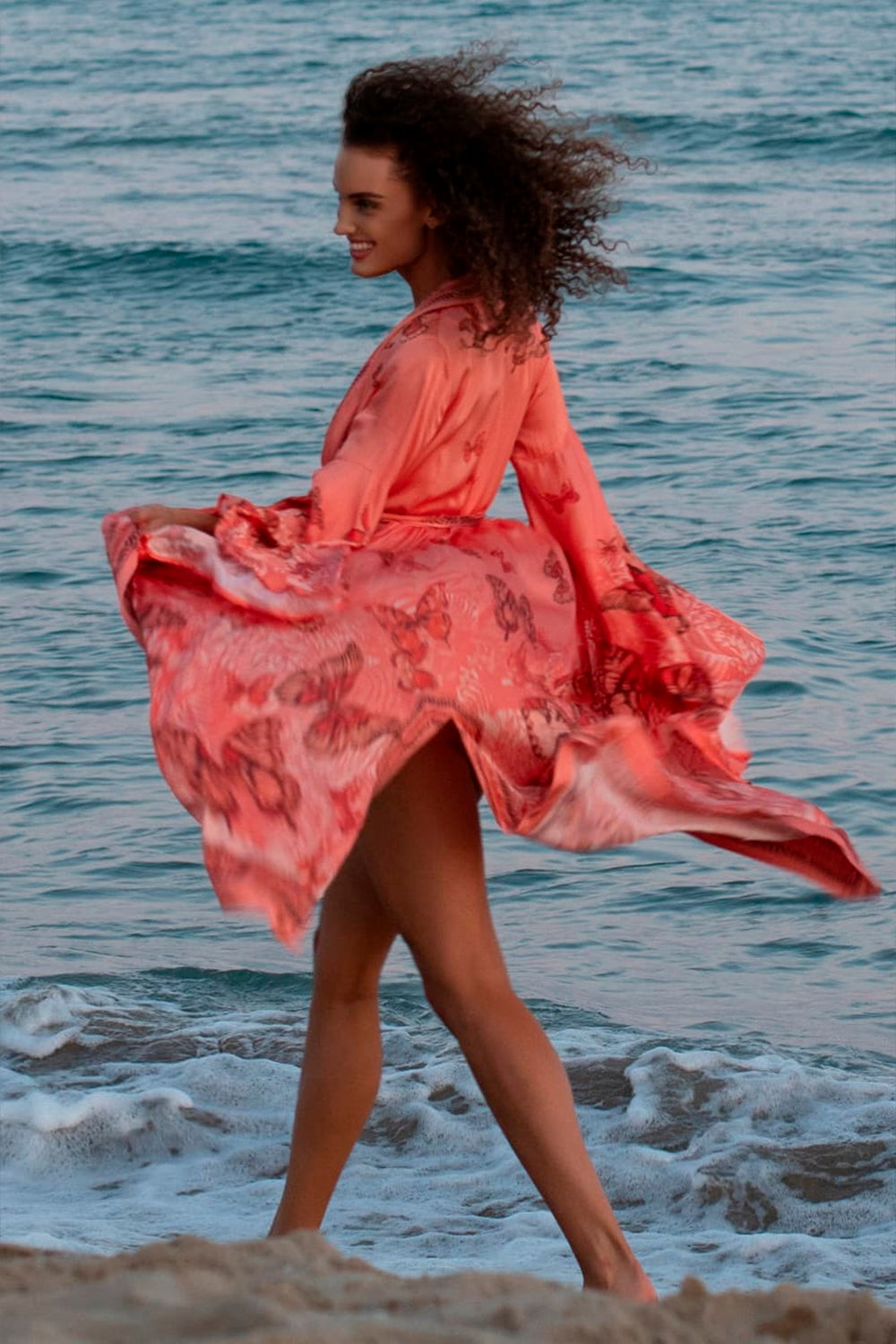 VISCOSE KIMONO WITH DRAPED BACK AND SHAWL COLLAR - PAPAYA BUTTERFLIES