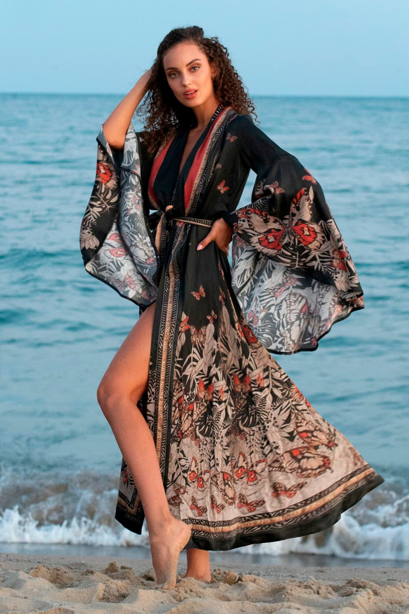 VISCOSE KIMONO WITH DRAPED BACK AND SHAWL COLLAR - MIDNIGHT BUTTERFLIES