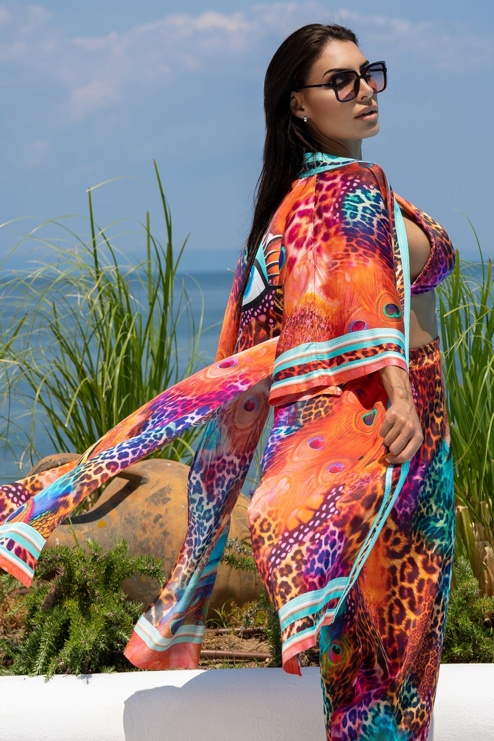 SATIN VISCOSE KIMONO - LEO NEON WILD