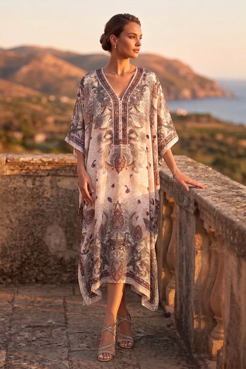 SATIN-VISCOSE-CAFTAN - PAISLEY BEIGE