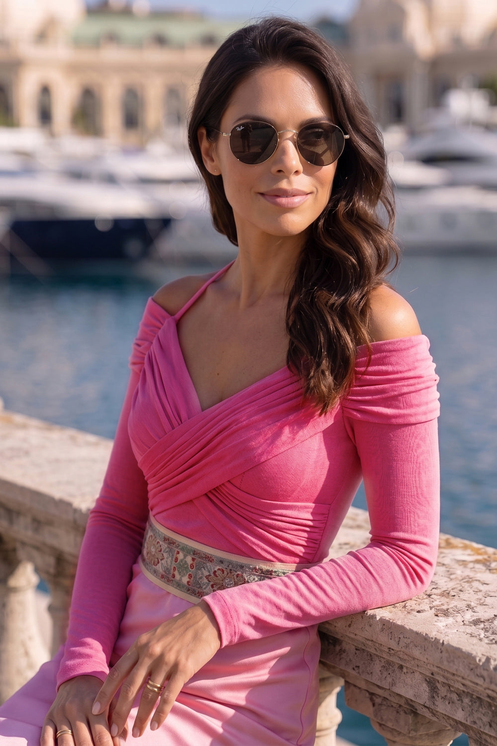 PINK VISCOSE STRETCH WRAP BLOUSE WITH GATHERS - ESSENTIALS