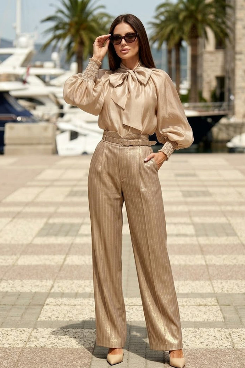 STRIPED PANTS WITH HIGH WAIST AND WIDE LEG IN BEIGE - ESSENTIALS