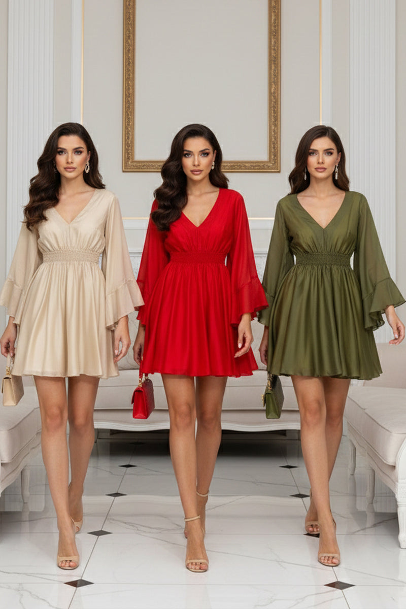 SHORT LYOCELL DRESS WITH WIDE SLEEVES IN BEIGE - ESSENTIALS