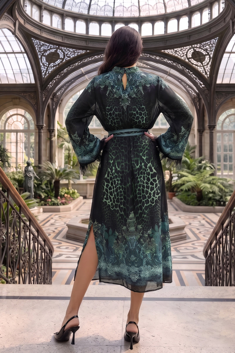 VISKOSE-SATIN-CAFTAN MIT FEDERN - LEO NEONGRÜN