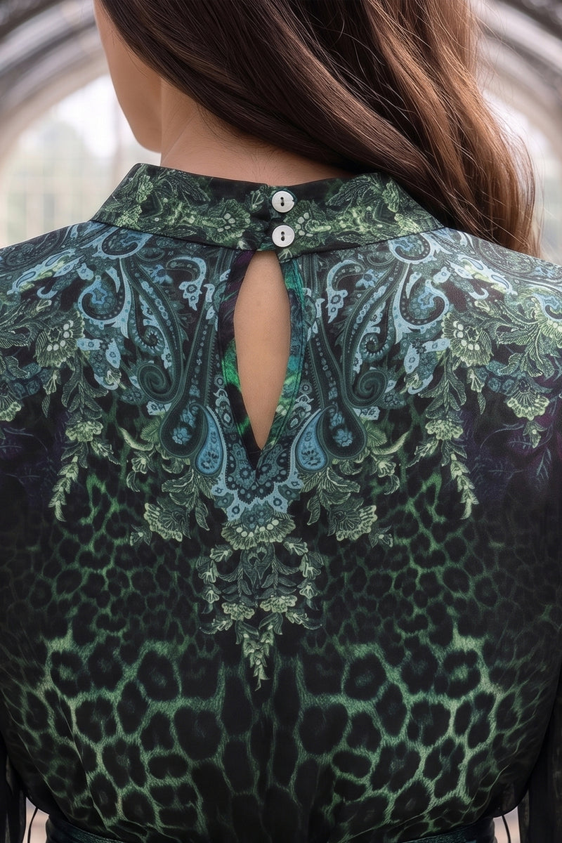 VISKOSE-SATIN-CAFTAN MIT FEDERN - LEO NEONGRÜN