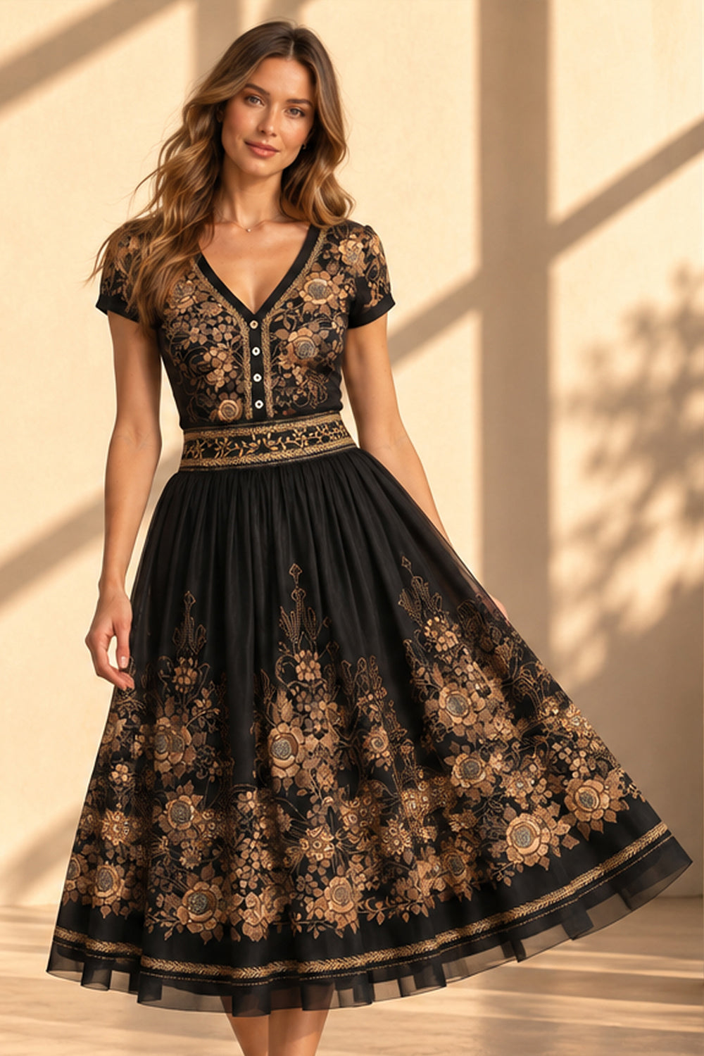 BLOUSE À MANCHES COURTES - ROSES DORÉES
