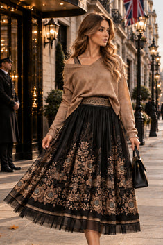 MESH SKIRT WITH ELASTIC WAIST AND VISCOSE LINING - GOLDEN ROSES