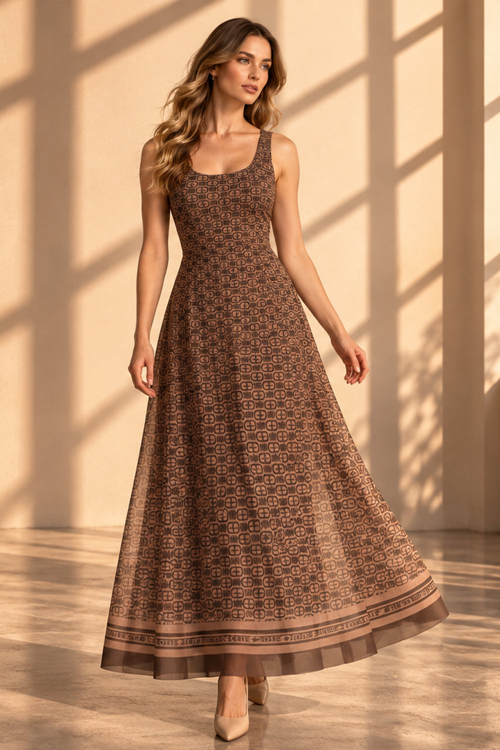 SLEEVELESS LONG MESH DRESS WITH SOFT MODAL LINING - MOCHA MOUSSE LOGO