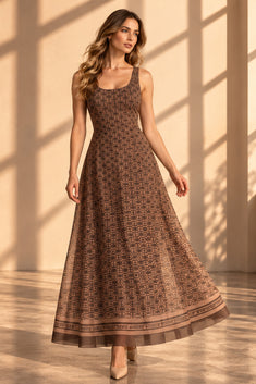 SLEEVELESS LONG MESH DRESS WITH SOFT MODAL LINING - MOCHA MOUSSE LOGO