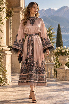Caftan en satin de viscose avec plumes - Poudre graffiti