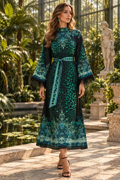 Caftan en satin de viscose avec plumes - Leo vert néon