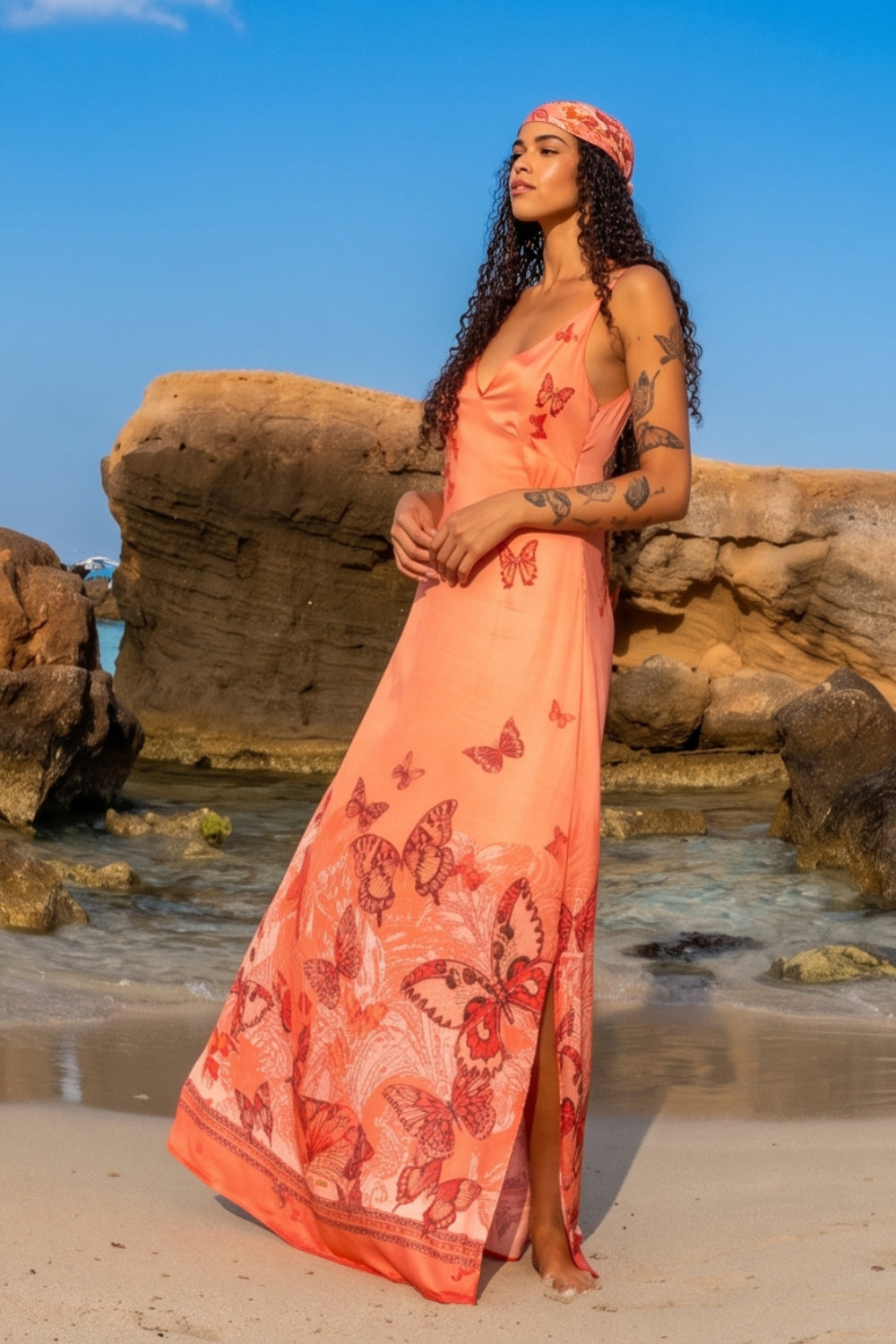 VISCOSE SLIP DRESS WITH OPEN BACK AND THIN STRAPS - PAPAYA BUTTERFLIES