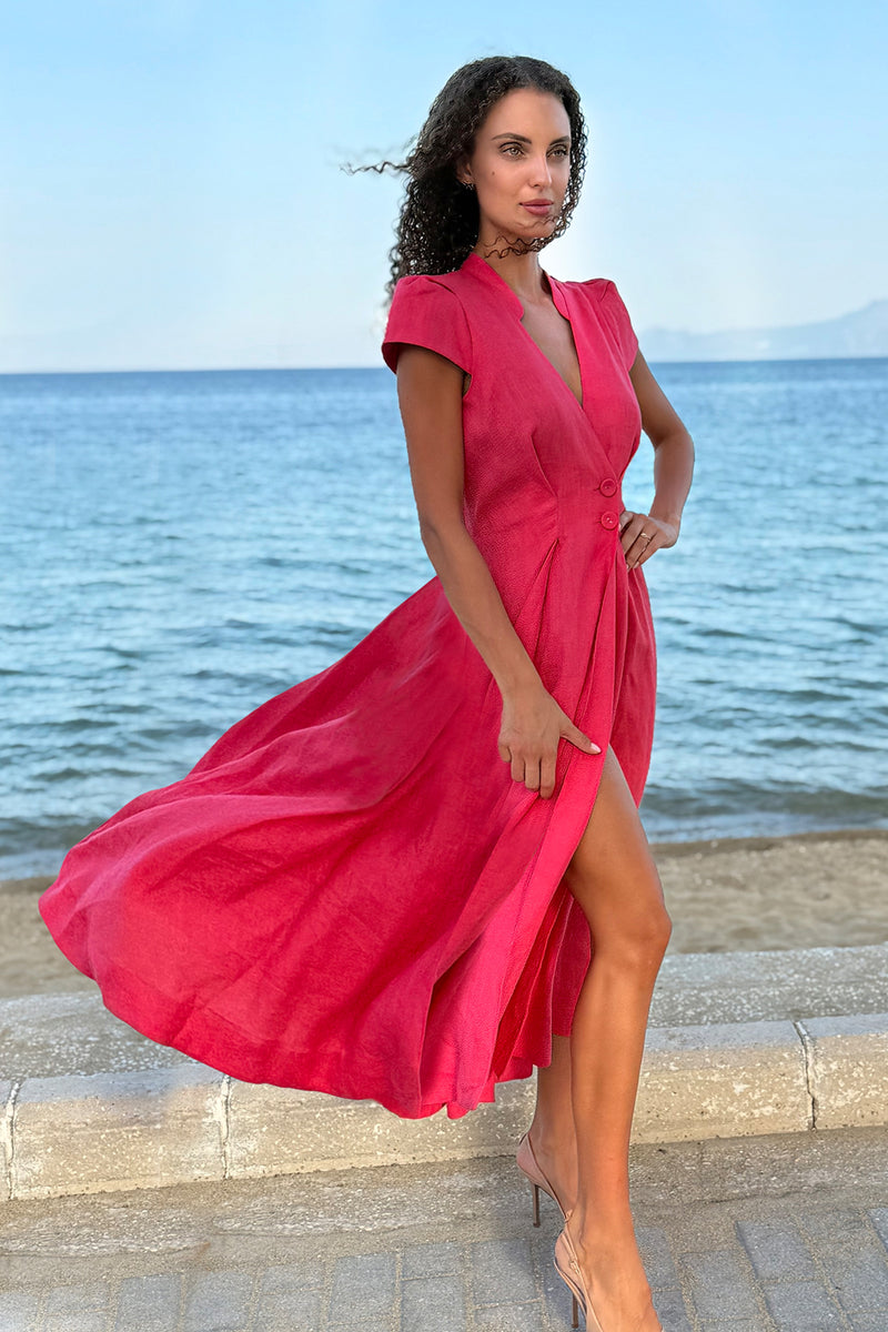 LONG FLARED LINEN DRESS IN FUCHSIA - ESSENTIALS JIORO ДЪЛГА РАЗКРОЕНА РОКЛЯ ОТ ЛЕН В ЦВЯТ ФУКСИЯ – ESSENTIALS JIORO
