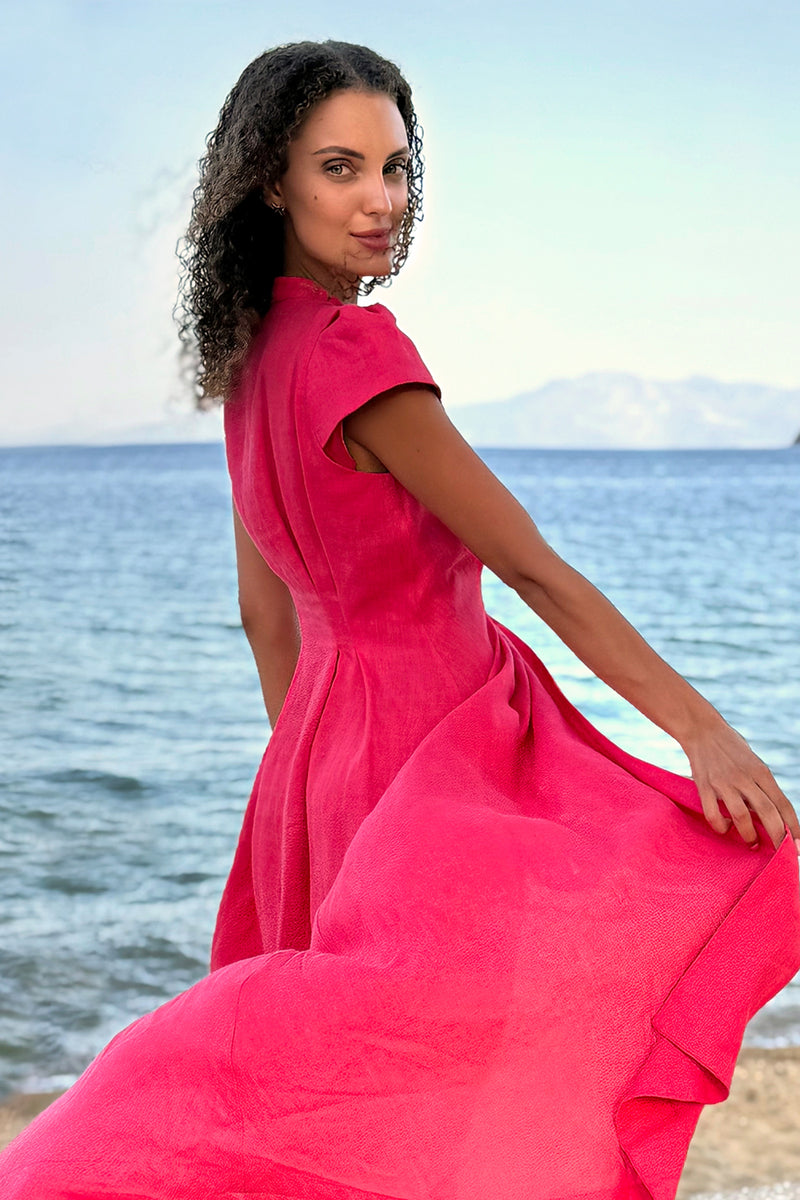 LONG FLARED LINEN DRESS IN FUCHSIA - ESSENTIALS JIORO ДЪЛГА РАЗКРОЕНА РОКЛЯ ОТ ЛЕН В ЦВЯТ ФУКСИЯ – ESSENTIALS JIORO