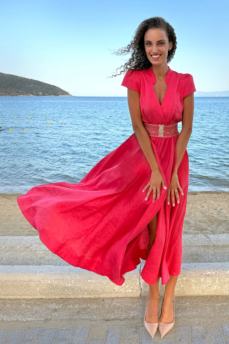 LONG FLARED LINEN DRESS IN FUCHSIA - ESSENTIALS JIORO ДЪЛГА РАЗКРОЕНА РОКЛЯ ОТ ЛЕН В ЦВЯТ ФУКСИЯ – ESSENTIALS JIORO