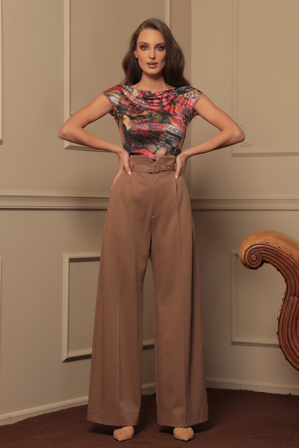 VISCOSE BLEND HIGH-WAISTED BEIGE TROUSERS – ESSENTIALS