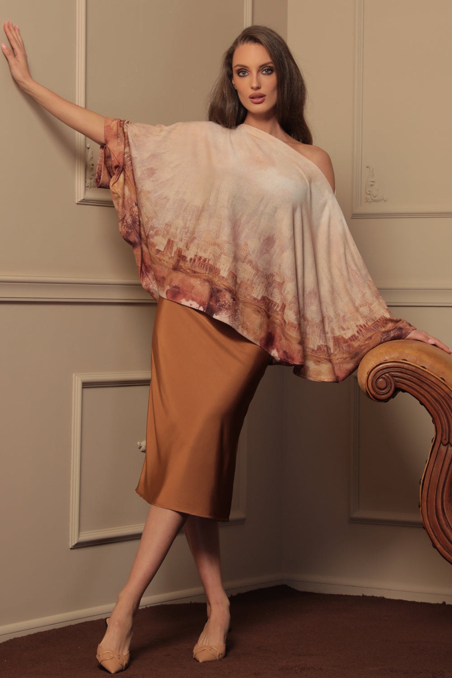 BIAS-CUT SATIN SKIRT WITH ELASTIC WAISTBAND IN BROWN - ESSENTIALS