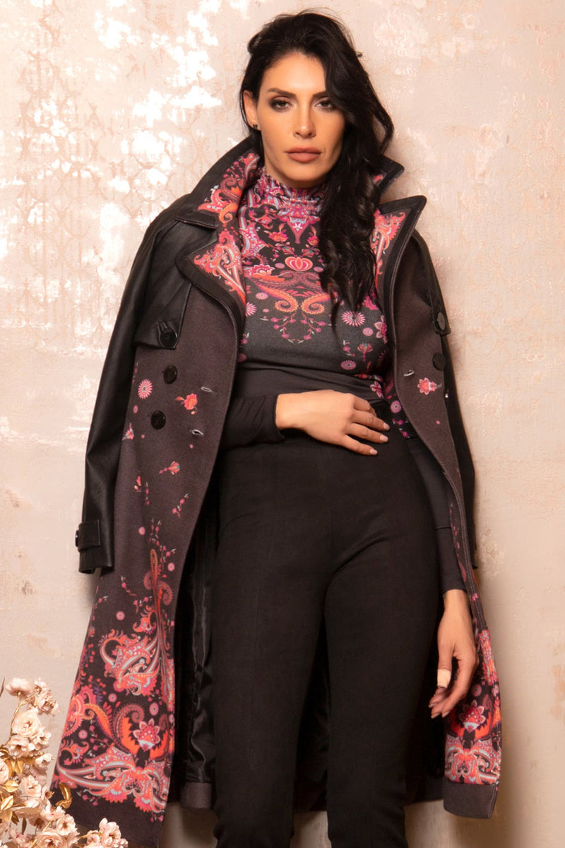 TRENCH COAT WITH LEATHER SLEEVES - FUCHSIA DOTS JIORO  ТРЕНЧ ПАЛТО С КОЖЕНИ РЪКАВИ - FUCHSIA DOTS