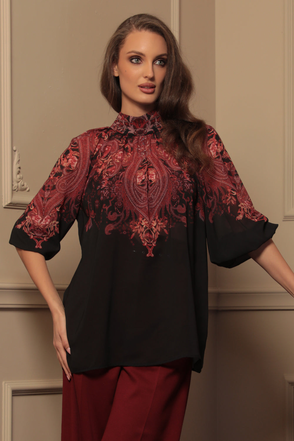 SHIRT WITH STATEMENT SLEEVES - PAISLEY DARK JIORO РИЗА С БОГАТИ РЪКАВИ - PAISLEY DARK JIORO