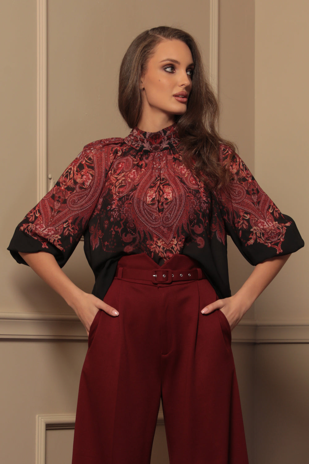 SHIRT WITH STATEMENT SLEEVES - PAISLEY DARK JIORO РИЗА С БОГАТИ РЪКАВИ - PAISLEY DARK JIORO