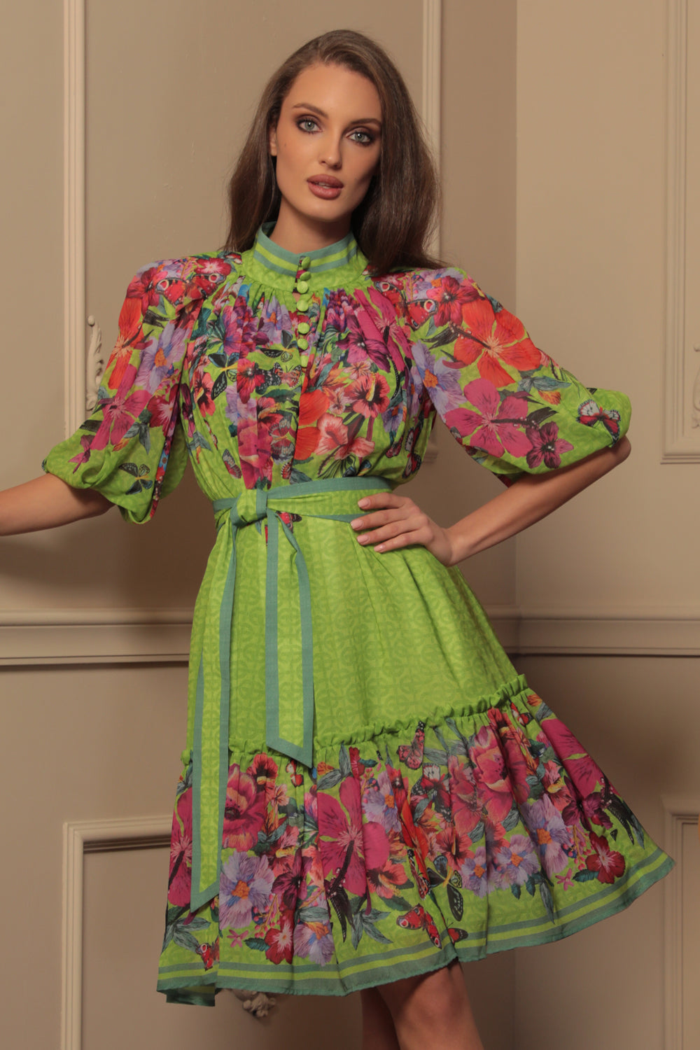 CHIFFON DRESS WITH PUFF SLEEVE - ACID GREEN LOGO
