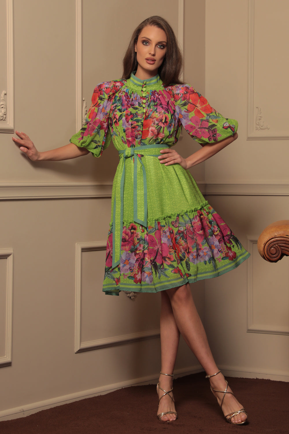 CHIFFON DRESS WITH PUFF SLEEVE - ACID GREEN LOGO