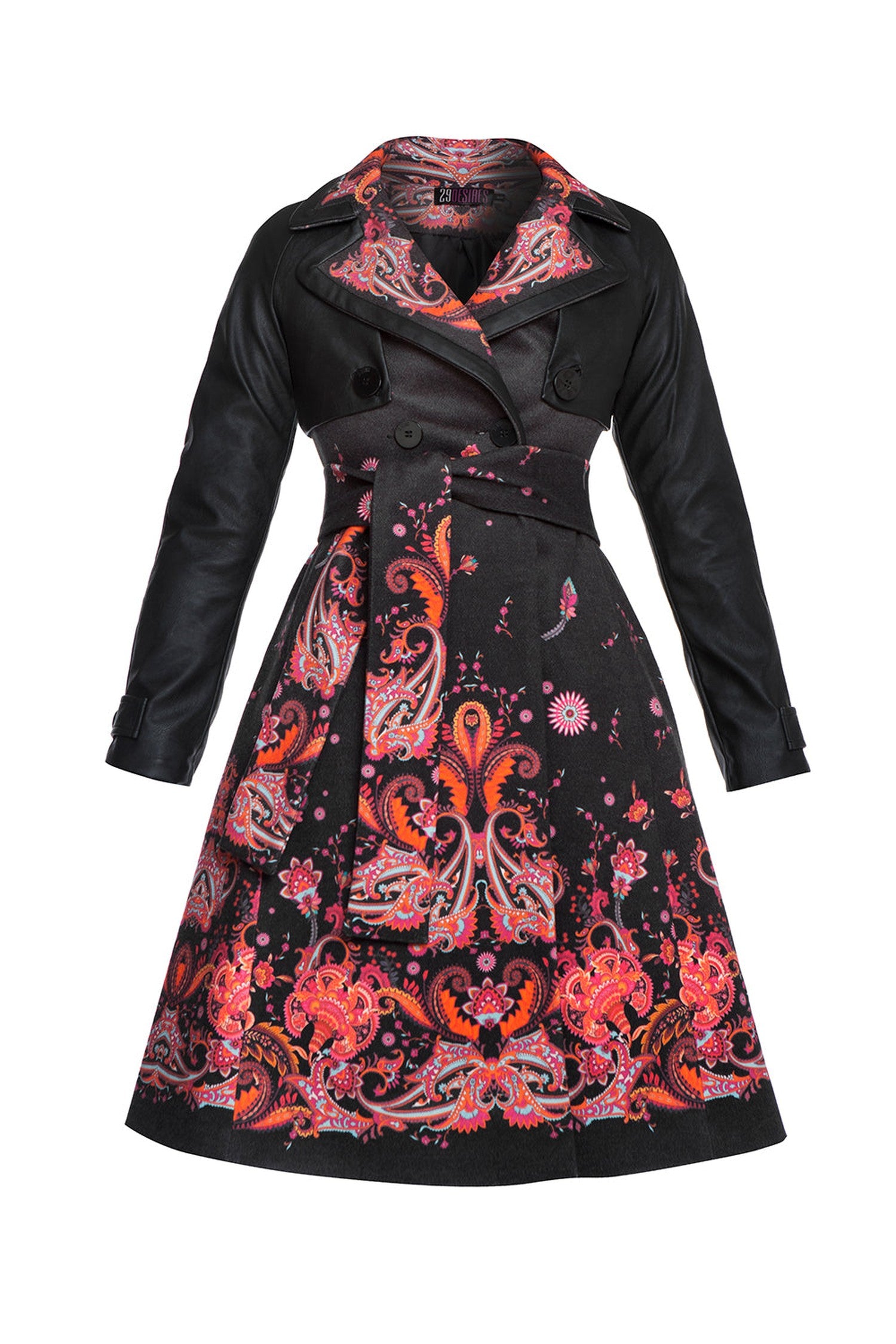 TRENCH COAT WITH LEATHER SLEEVES - FUCHSIA DOTS JIORO  ТРЕНЧ ПАЛТО С КОЖЕНИ РЪКАВИ - FUCHSIA DOTS