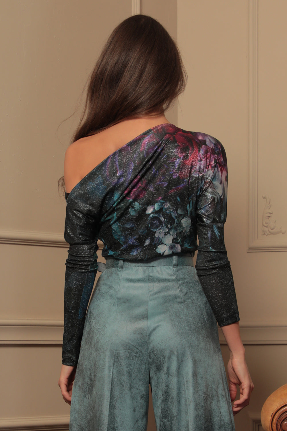 ONE-SHOULDER BLOUSE WITH LUREX - PEONIES