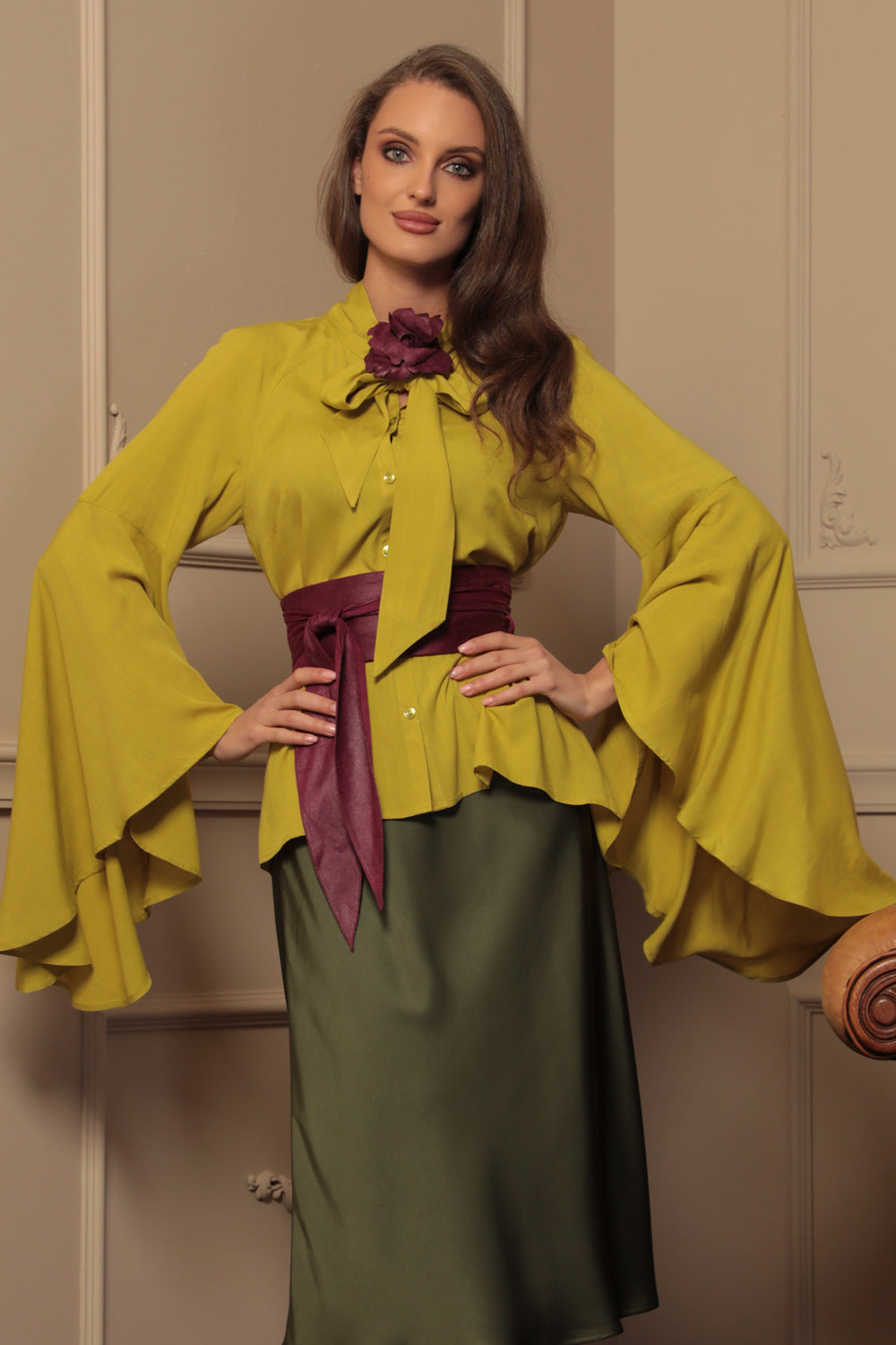 YELLOW ORCHE VISCOSE BLOUSE WITH FLARED SLEEVES – ESSENTIALS