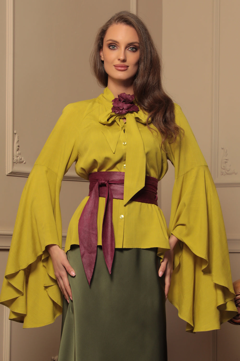 YELLOW ORCHE VISCOSE BLOUSE WITH FLARED SLEEVES – ESSENTIALS