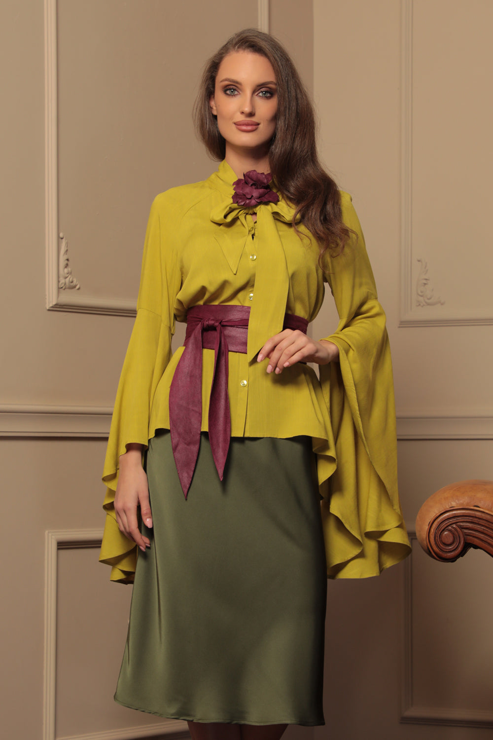 YELLOW ORCHE VISCOSE BLOUSE WITH FLARED SLEEVES – ESSENTIALS