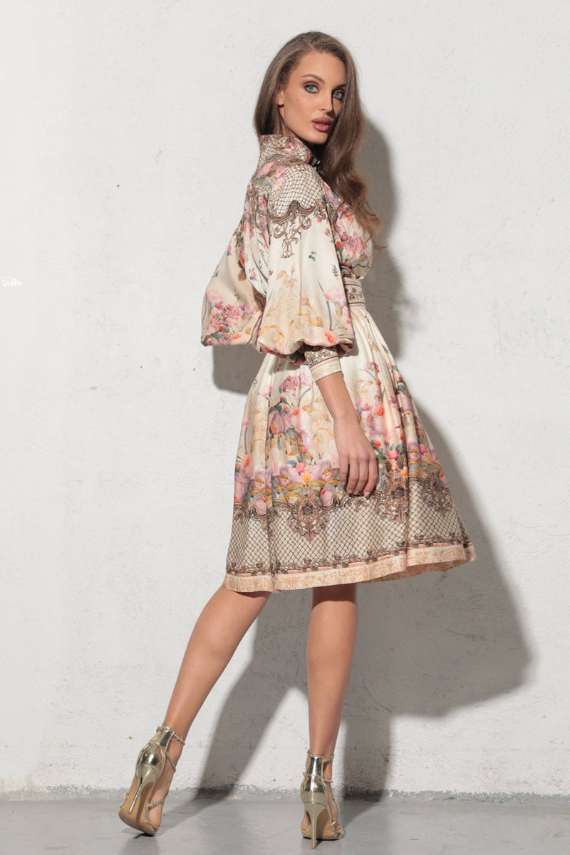 BOHO LONG-SLEEVE VISCOSE DRESS - BAROQUE FLOWERS