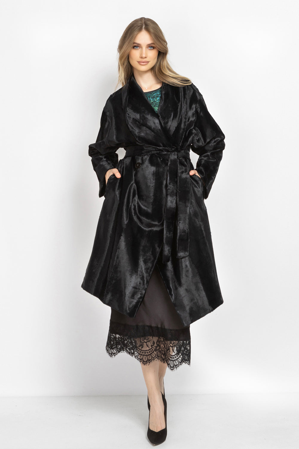 BLACK FAUX MINK SHAWL-COLLAR COAT – ESSENTIALS
