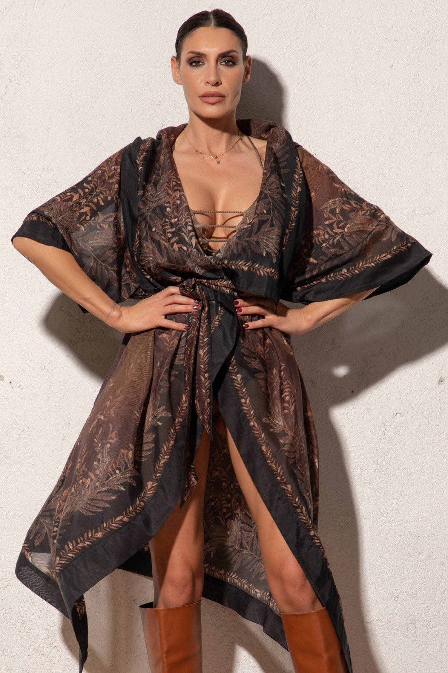 COTTON SILK KIMONO DRESS WITH HOOD - SECRET GARDEN