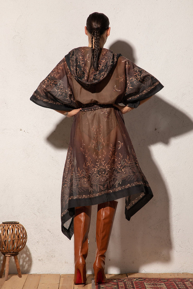 COTTON SILK KIMONO DRESS WITH HOOD - SECRET GARDEN