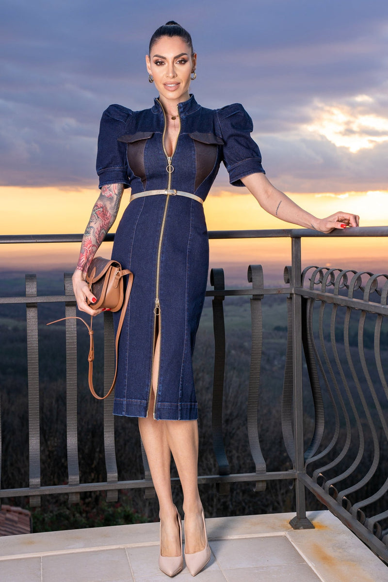 BUFFER SLEEVE DRESS IN DENIM - ESSENTIALS