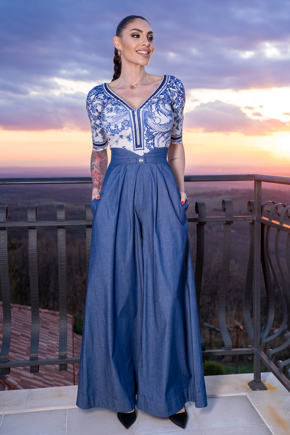 HIGH WAIST WIDE LEG DENIM PANTS - ESSENTIALS