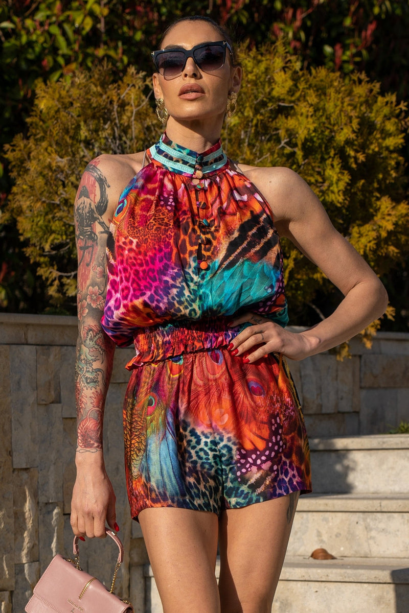 WOMEN'S SATIN VISCOSE SHORTS - LEO NEON WILD JIORO ДАМСКИ ШОРТИ ЛЪСКАВА ВИСКОЗА - LEO NEON JIORO