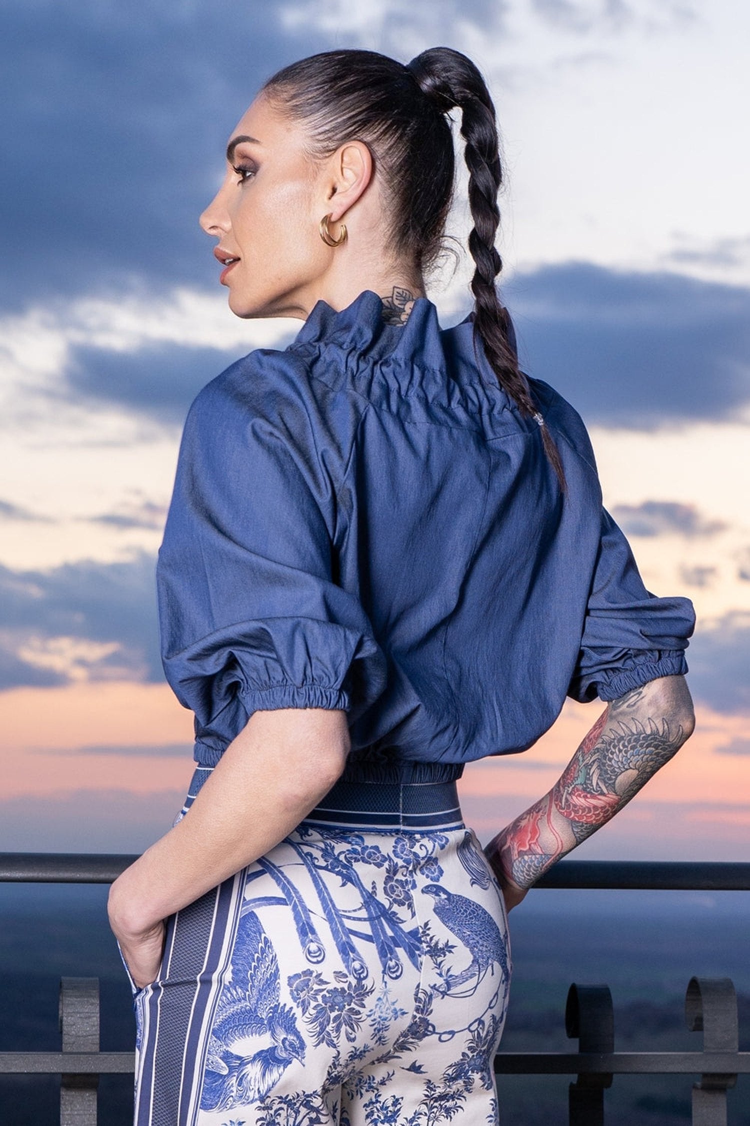 RUFFLED HIGH-NECK BLOUSE WITH PUFF SLEEVES - ASIA SKY